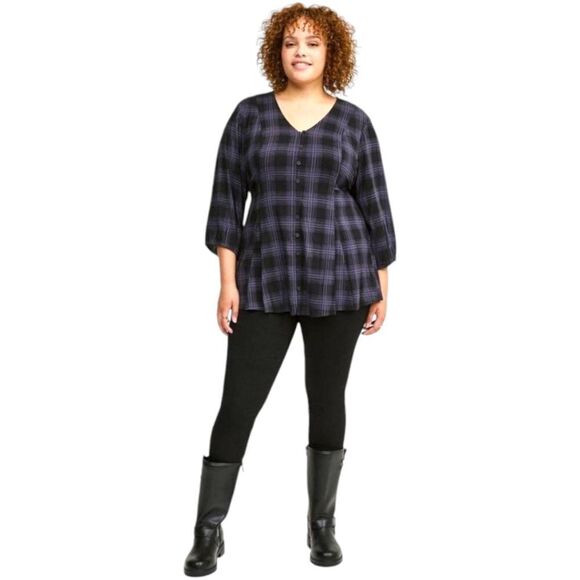 TORRID FIT FLARE Rayon Slub Button -Up Top Shadow Plaid Deep Black Size 2X - Picture 4 of 16